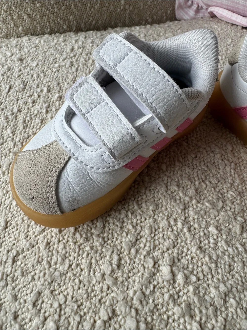 adidas White and Pink Baby Walker Sneakers with Gum Sole